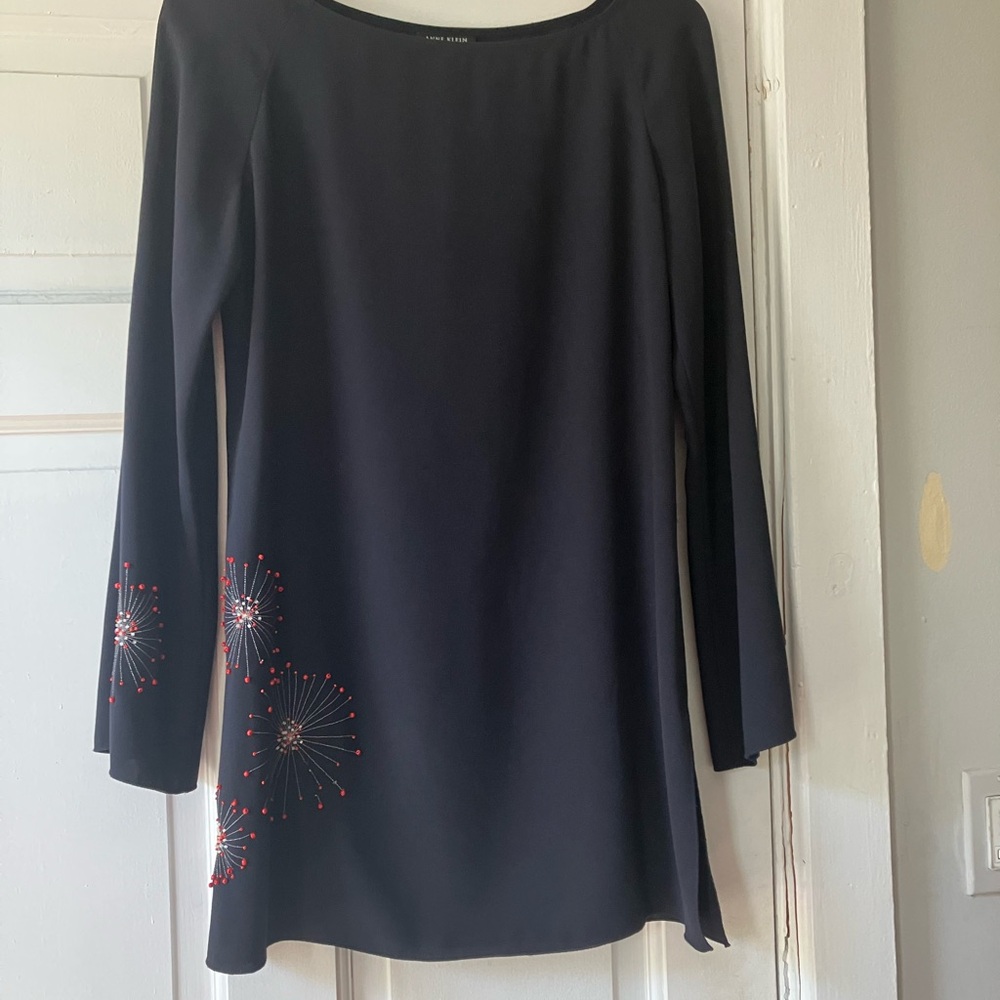 Anne Klein Black Long Sleeve Shift Dress with Red Bead Burst Accents